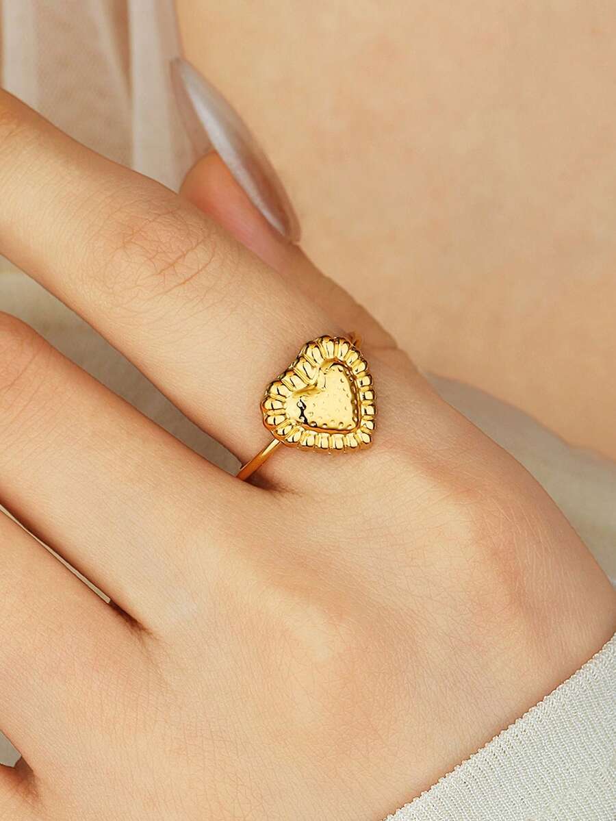 1 chiếc nhẫn hình trái tim bằng thép không gỉ cao cấp, có thể điều chỉnh kích thước, thích hợp làm quà tặng cho nữ, dùng trong các bữa tiệc, họp mặt và đeo hàng ngày. - Vàng - Xem 1