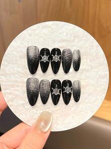 1 Pack/10 Pieces - Cool Starburst Pointed Nail Patch - Black Sparkling Gradient+Metal Adorned Gemstones - Handmade - Black - View 14