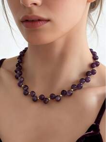 1pc Elegant Purple Crystal Necklace: Handmade Woven Purple Crystal Necklace, Purple Gemstone Necklace, February Birthstone, Refined Daily Necklace - Purple - View 7