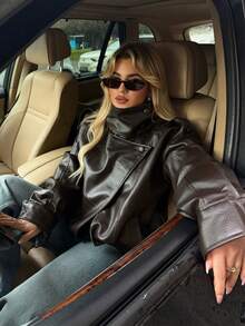 Áo khoác giả da thời trang nữ, tay dài có túi và khóa kéo, phong cách retro đường phố mới, thích hợp cho kỳ nghỉ. - màu nâu - Xem 8