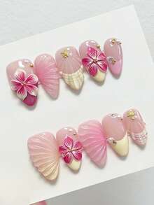 10片可爱优雅Y2K手绘黄白贝壳纹理3D浮雕五瓣花、水滴、金色海星短杏仁美甲贴纸，粘性美甲贴花 - 彩色 - 查看 2