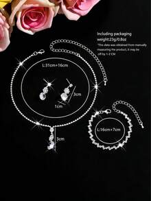 新娘闪耀首饰套装，圆形水晶吊坠项链+水滴耳环+手链，正式婚礼/毕业礼物 - 銀色 - 查看 3