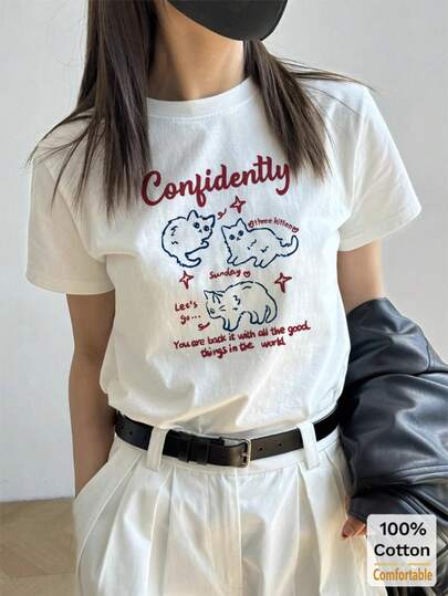 Áo thun tay ngắn màu trắng, chất liệu cotton nguyên chất, in họa tiết ngộ nghĩnh, kiểu dáng rộng rãi, thoải mái, thời trang.