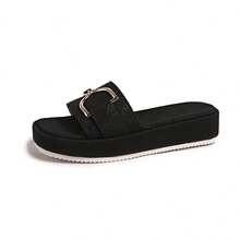 1 Pair Elegant Solid Color Fashion Fabric & Metal Chain Flat Slide Sandals, Suitable For Outdoor Wear In Spring And Autumn - Black - View 8