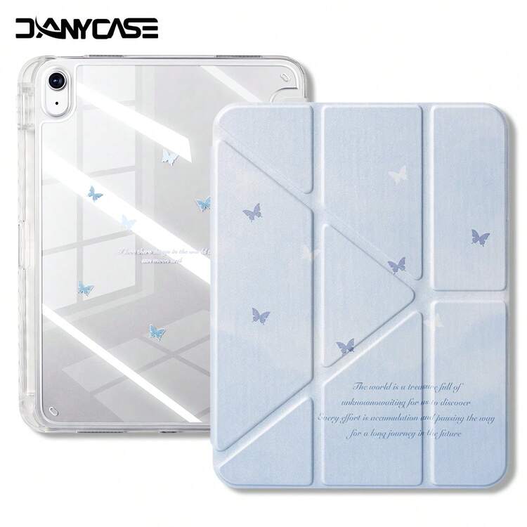 蝴蝶造型可爱Y型折叠平板电脑保护套，带笔槽，适用于iPad Air 8 (M4) 11英寸/13英寸/2026款/第11代 (A16)/Air 11 M3 M2/Pro 11 M4 M5/第7代/第8代/第9代/10.2英寸/第10代/10.9英寸/Air 4/Air 5，防摔设计 - 藍色蝴蝶 - 查看 2