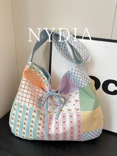 1pc Large Capacity Color Block Tote Bag, New Fashion Texture Shoulder Bag, Retro Underarm Bag, Commuter Bag, Student Backpack, Suitable For Women's Daily Use