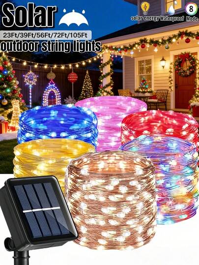 50/100/150/200/300颗LED太阳能铜线灯串 - 8种灯光模式，IP65防水，可DIY造型，适用于花园、庭院、围栏、阳台、露营、树木、花卉、凉亭装饰，智能光感，无需电费，更适合派对、婚礼、复活节、节日、庆典装饰，户外太阳能花园灯串，母亲节礼物