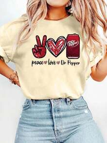 2026 Cartoon Letter Graphic Print T Shirt, Short Sleeve Crew Neck Casual Top For Summer & Spring, Women's T-Shirt.Spring Outfits For Women Short Sleeve Tops Plus Size Spring Break Summer Basic Casual Top. - Màu be - Xem 1