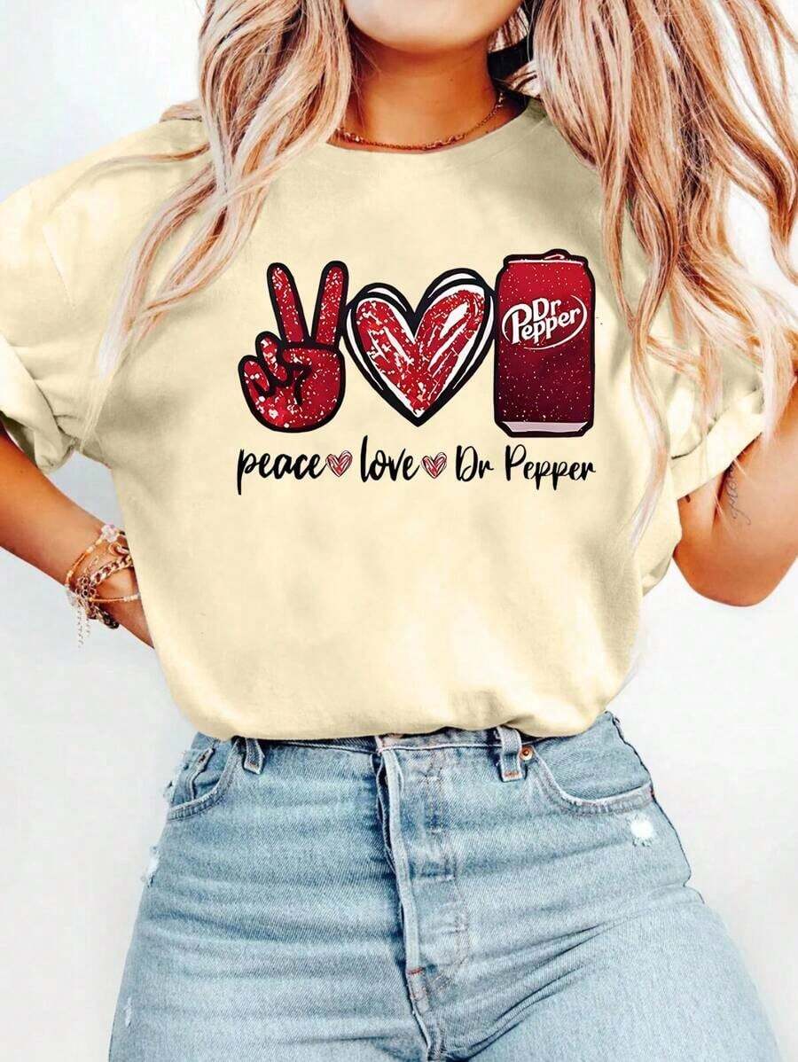 2026 Cartoon Letter Graphic Print T Shirt, Short Sleeve Crew Neck Casual Top For Summer & Spring, Women's T-Shirt.Spring Outfits For Women Short Sleeve Tops Plus Size Spring Break Summer Basic Casual Top. - Màu be - Xem 1