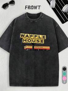 T-Shirt With Waffle House Pattern Print, Vintage Distressed Washed Couple T-Shirts, Men And Women T-Shirts, Fashion, Commuting, Sports, Soft And Comfortable T-Shirts, Casual Tops For Spring, Summer, And Autumn, Men'S Outdoor Wear - 黑色 - 查看 7