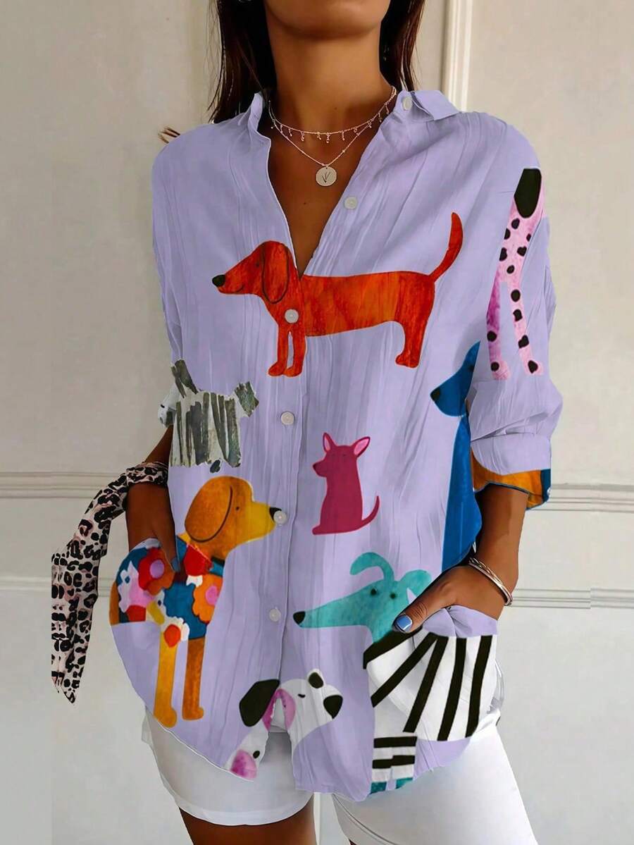 Women's Loose Fit Dog Print Shirt - Breathable Casual Top Spring - Blue - View 1