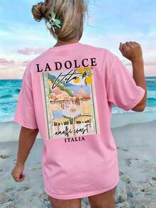 Women's Casual Plus Size Regular Sleeve Regular Length Round Neck T-Shirt, Printed With Italian Amalfi Coast Scenery Pattern, For Ladies Pink Summer - Pink - View 3