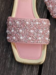 女士平底方头凉鞋，多巴胺色混搭，休闲舒适室内外两用拖鞋，慵懒度假沙滩人字拖 - 淺粉色 - 查看 7