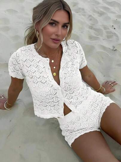 Women's Summer Vacation Set, Crochet Mesh Sexy Hollow Out Beach Short Sleeve Knit Cover Up + Shorts 2 Piece Set - Women's Vacation 2 Piece Set, Crochet Cover Up Nightclub Outfit, Women's Sexy Fitted Style White