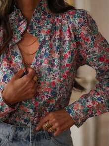 Blusa da donna con collo a balze e maniche a palloncino, motivo floreale, camicia casual, adatta per primavera ed estate, ideale per vacanze - Multicolore - Visualizzare 7