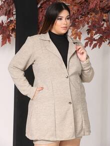 Women's Plus Size Curve Long Ribbed Knit Jacket With Pockets - Elegant Blazer - Autumn Fashion - 淺米色 - 查看 1