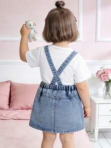 Vestido de peto de mezclilla lavada con lazo blanco 3D para niñas, con tirantes ajustables - Azul - Ver 4