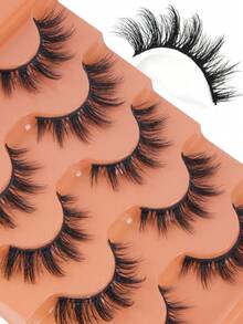 5 Pairs Fluffy Cartoon Style False Eyelashes, Natural Cat Eye Design, Faux Mink, Wispy Lash Strips - View 2