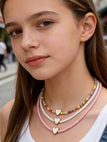 Conjunto de 3 collares hechos a mano con cuentas de arroz estilo bohemio, diseño de corazón blanco, joyería colorida para niñas - Multicolor - Ver 2