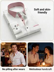 2026 春季男士白色衬衫，粉色撞色领子、袖口、门襟和金属纽扣，商务正装 - 白色 - 查看 6