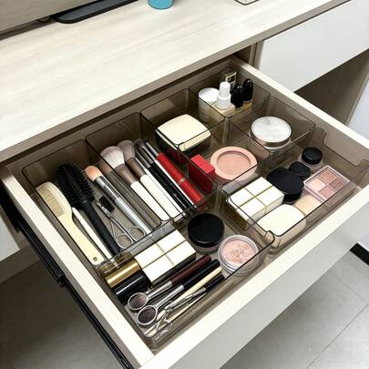 6pcs Drawer/Desktop Makeup Organizer Boxes, Gray Transparent Vanity Organizer Boxes, Anti-Slip Multi-Compartment Jewelry & Small Items Storage Boxes, Elegant Storage Boxes, Room Decor, Home Decor, Autumn Decor, Bedroom Decor