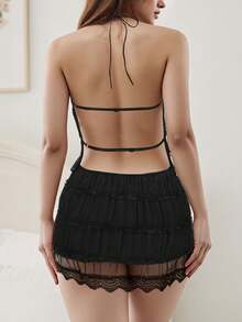 Women Sexy Smocked Two Piece Outfits Y2k Bubble Mini Skirt Set Ruched Halter Tops Sleeveless Backless Camisole Crop Tank Tops And Lace Trim Pleated Ruffle Short Skirts Sets Summer Beach Vacation Party Club Streetwear - màu đen - Xem 2