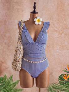 1 pieza Vestido de playa de verano elegante con rayas, volantes anudados/bajo con volantes para vacaciones - Celeste - Ver 4