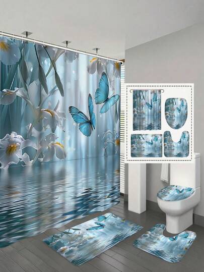 1/4件套蓝色蝴蝶白花涤纶浴帘套装，家居装饰印花浴帘浴室隔断，防水涤纶浴帘，防滑浴垫，U型地毯，带12个挂钩的马桶盖套 - 现代风格，适用于家居装饰、浴室装饰及配件，易于清洁和维护，优雅的乔迁礼物 - 四季皆宜