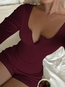 Vaiaye 女士 V 领纽扣纯色简约连体裤 - 修身长袖短款连体裤，适合健身、性感百搭的户外运动、毕业典礼、返校季、秋冬季针织连体裤，春季优雅百搭。 - 紫紅色 - 查看 8