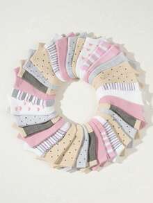 20 Paar Kinder Zufallsfarben Schleifen, Herzen, Streifen, Punkte, einfarbige atmungsaktive kurze Socken, geeignet für Frühling/Sommer - Verschiedenfarbig - Übersicht 1