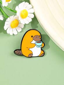 1枚黄色鸭嘴兽喝茶胸针，慵懒休闲风，小众精品配饰，为外套、毛衣和日常穿搭增添活力 - 彩色 - 查看 2