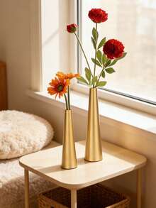 1 Set Luxury Gold Single Flower Vase, 2pcs Metal Slim Neck Vases, Suitable For Bedroom, Living Room And Dining Table Decor, Brushed Gold Tone, Compatible With Modern And Farmhouse Styles, Great For Roses, Greenery Or Dried Flowers, Compact Size Fits On Small Shelves And Countertops - 1PC - View 2
