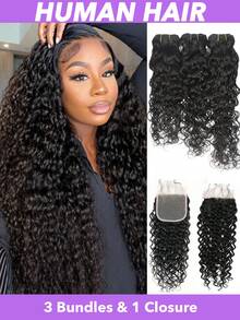 Tóc nối sóng nước 10A kèm khóa cài (16 18 20 +14) Tóc người Brazil nguyên chất, kiểu sóng nước, 3 bó kèm khóa cài ren 4x4 có tóc con, kiểu rẽ ngôi tự do 1B# Tóc nối sóng xoăn màu đen tự nhiên - Natural Black - Xem 2