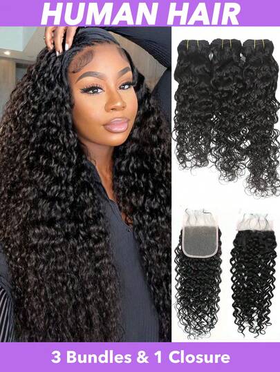 10A Paquetes de cabello ondulado con cierre (16 18 20 +14) Cabello humano brasileño virgen húmedo y ondulado, 3 paquetes con cierre de encaje 4x4 con cabello de bebé, parte libre, extensiones de cabello rizado color negro natural 1B#