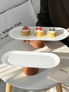 1pc Ins Style Stainless Steel Oval Cream Cake Plate, Elegant Afternoon Tea Cake High Foot Plate, Rectangular Dessert Display & Storage Tray - Multicolor - View 4