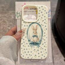 Bunnies 1pc TPU Material Floral Blue Bow Rabbit Pattern Phone Case Compatible With Apple 17 Pro Max/17/16 Pro Max/15/13/12/11, S20 FE/A15/S24/A55, Note 11/Note 12/Note 13 Pro, Full Coverage Anti-Drop Soft Protective Phone Cover - White - View 1