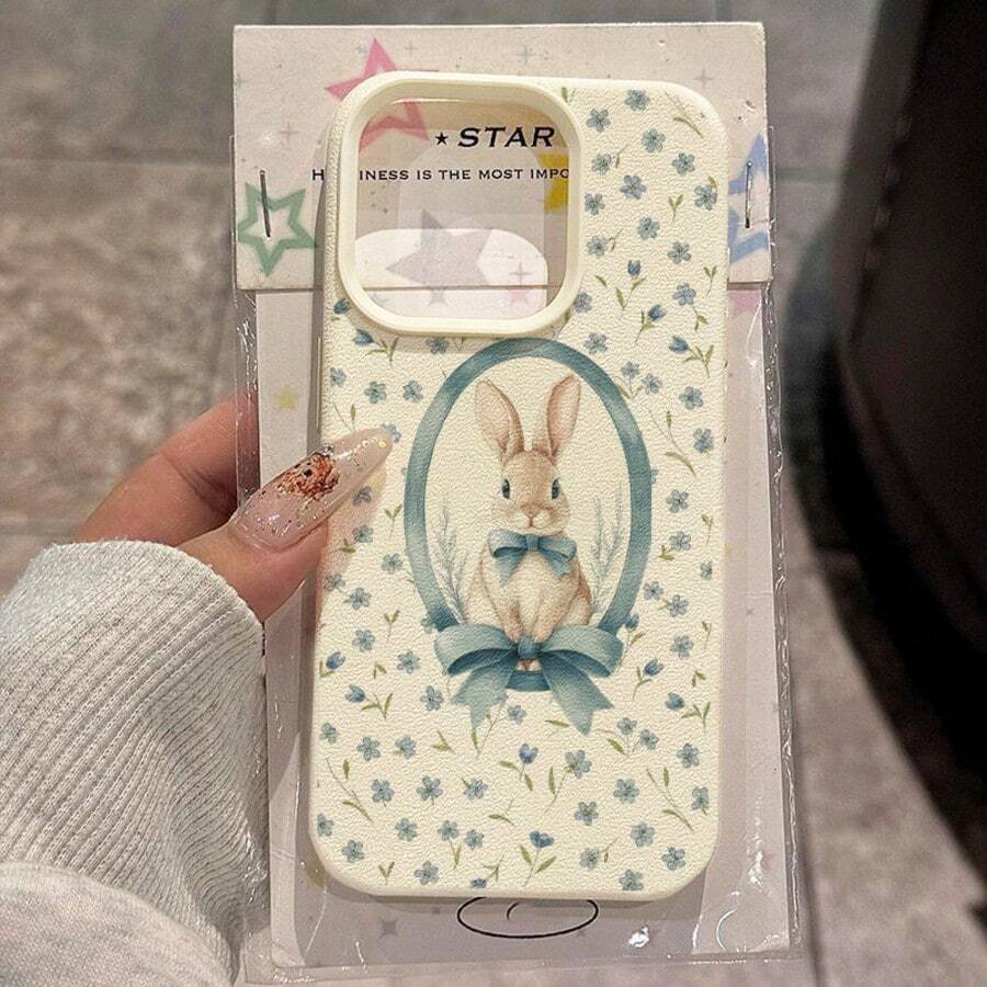 Bunnies 1pc TPU Material Floral Blue Bow Rabbit Pattern Phone Case Compatible With Apple 17 Pro Max/17/16 Pro Max/15/13/12/11, S20 FE/A15/S24/A55, Note 11/Note 12/Note 13 Pro, Full Coverage Anti-Drop Soft Protective Phone Cover - White - View 1
