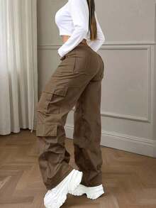 Brown Multi-Pocket Buttoned Casual Y2K Leisure Elegant And Cute Work Pants. Suitable For Back-To-School, Clubs, Birthday Parties, Halloween, New Year, Thanksgiving, Concerts, Gyms, Beaches, Vacations, Business, Daily Airport Wear, Street Style, Teacher's Day, Spring, Summer, Autumn And Winter. - 棕色 - 查看 7
