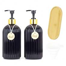 XEXUN-2+1 套装 - 500毫升/16.9盎司 PET材质液体皂液器/洗洁精分配器，带按压泵，包含漏斗和刻字标签板，可选配竹制托盘套装，台式按压式液体皂液器瓶，适用于厨房和浴室盥洗台，黑色/白色可重复灌装瓶，浴室配件 - 多色 - 查看 14