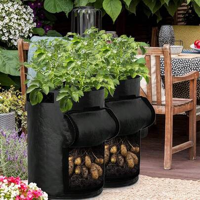 2 piezas Bolsas de cultivo de patatas de 3 galones con asas y agujeros de drenaje, adecuadas para cultivar patatas, verduras, hierbas - Uso en interiores/exteriores, diseño ahorra espacio, maceta de planta verde moderna para balcón, patio, jardín pequeño