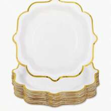 Bộ 1/10/20/50/100 chiếc đĩa giấy trắng viền vàng, đĩa tráng miệng/bánh màu trắng 7 inch/9 inch, đĩa giấy dùng một lần có viền lượn sóng và viền vàng, thích hợp cho tiệc trà, tiệc sinh nhật, tiệc cưới, lễ kỷ niệm. - 1 YEAR - Xem 1