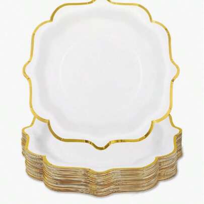 Bộ 1/10/20/50/100 đĩa giấy trắng viền vàng, đĩa tráng miệng/bánh dùng một lần màu trắng 7 inch/9 inch với viền lượn sóng và viền lá vàng, thích hợp cho tiệc trà, tiệc sinh nhật, tiệc cưới, lễ kỷ niệm.