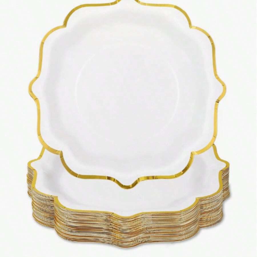 Bộ 1/10/20/50/100 chiếc đĩa giấy trắng viền vàng, đĩa tráng miệng/bánh màu trắng 7 inch/9 inch, đĩa giấy dùng một lần có viền lượn sóng và viền vàng, thích hợp cho tiệc trà, tiệc sinh nhật, tiệc cưới, lễ kỷ niệm. - 1 YEAR - Xem 1