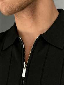 GRDR Camiseta de manga corta con cuello de cremallera y costillas verticales para hombre - Uso diario casual - Negro - Ver 5
