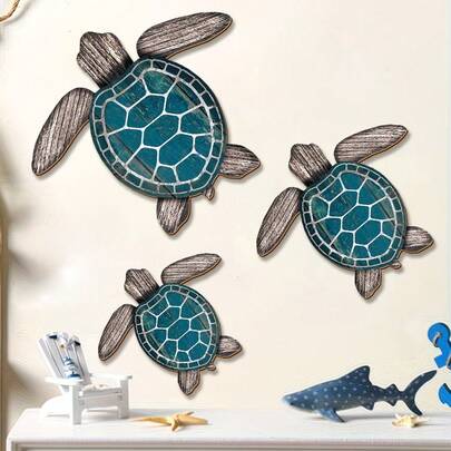 1/3 piezas Decoración de pared de tortuga de madera Tortuga Arte de pared Decoraciones con tema de playa Ornamentos costeros vintage para piscina, hogar, casa de lago, baño, jardín, interior y exterior