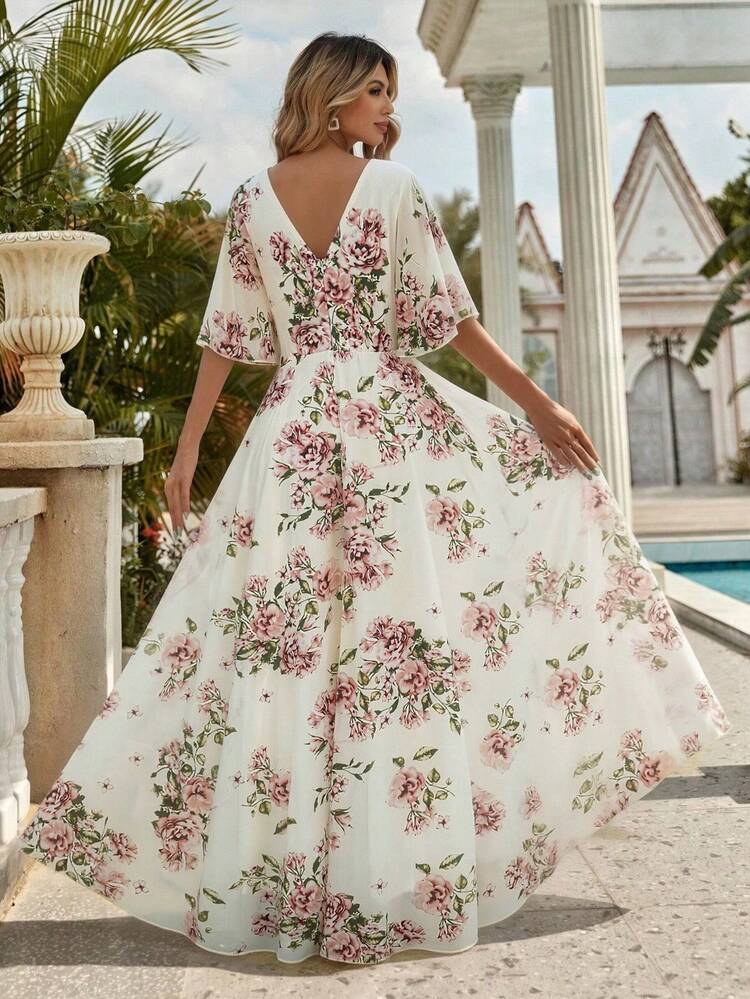 UNITHORSE [随机裁剪] 女士V领碎花A字型毕业礼服及正式礼服，雪纺伴娘礼服 - 黃色 - 查看 4