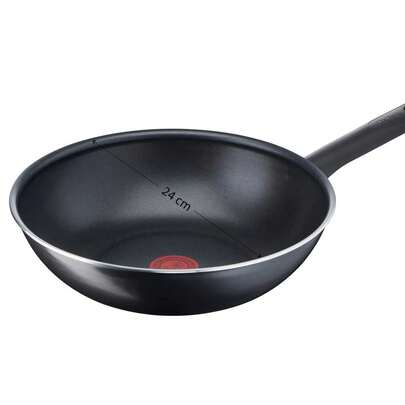 Głęboka patelnia o średnicy 24 cm z powłoką nieprzywierającą, wok z czerwoną kropką do kontroli temperatury, odpowiedni do kuchenek indukcyjnych i gazowych. Idealna do smażenia jajek, steków i smażenia bez rozpryskiwania oleju. Spełnia różnorodne potrzeby kulinarne.