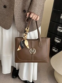 Bolsa tote minimalista de cor sólida com lenço, ideal para compras, como carteira, para mulheres jovens, estudantes universitárias, recém-casadas e profissionais. Perfeita para escritório, universidade, trabalho, negócios, deslocamentos diários, atividades ao ar livre, viagens e excursões. - Castanho - Ver 6