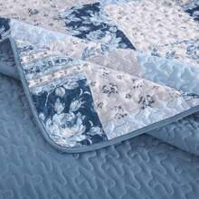 Blue Patchwork Quilt Set King Size Boho Floral Plaid Bedspread Coverlet Set Farmhouse Soft Microfiber Bedding Set Blue Summer Bed Cover with 2 Pillowcases for All Season - Azul - Ver 6