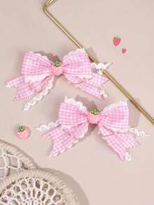 2pcs Strawberry Hair Bows For Women Girls Red Plaid Lace Bow Alligator Clips With Strawberry Accessory Cute Sweet Vacation Bow Hair Clips Adorable Strawberry Checkered Bow Barrettes Women Hair Accessories, Flat Claw Clip, Hair Slide, Hair Claws, Head Accessories, Hairpin - Pink Strawberry - 查看 1